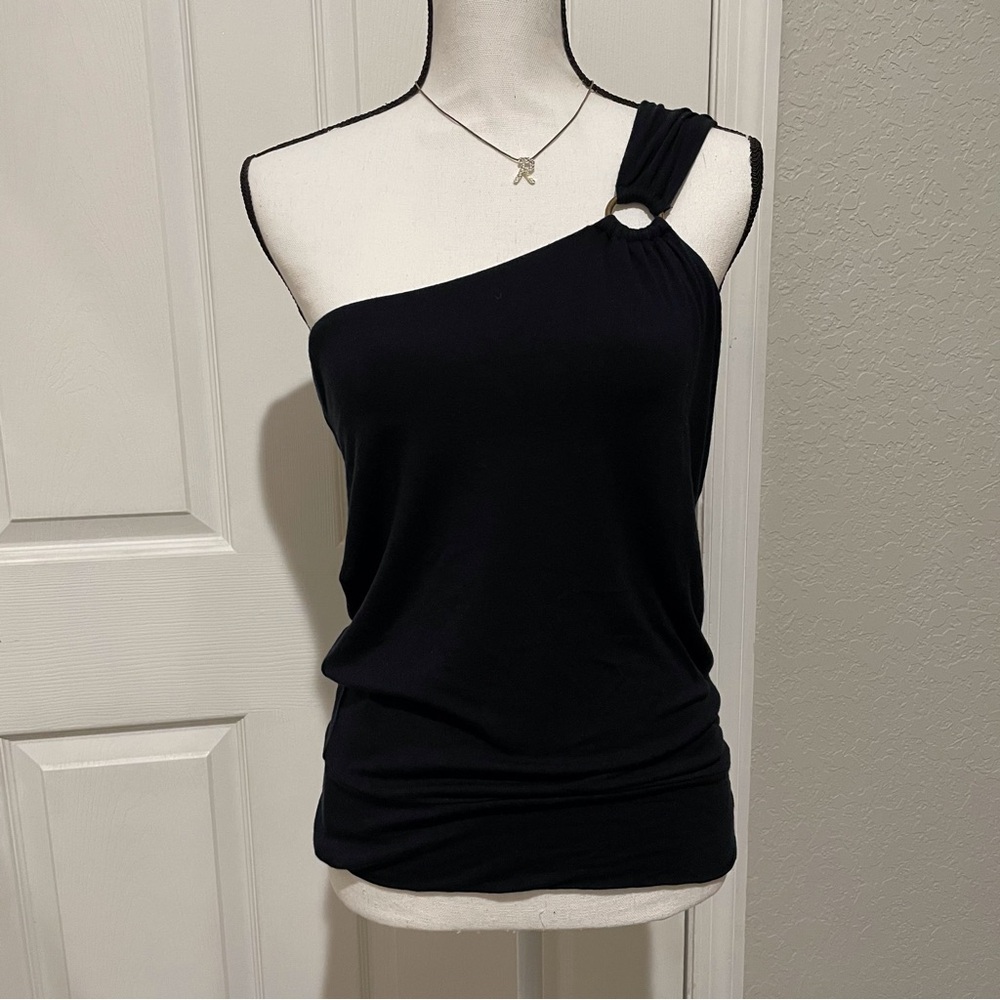 New York & Co. One-Shoulder Black Ring-Detail Tank Top